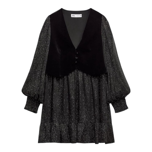 Zara Dresses & Skirts - ✨ ZARA Black Glitter Mini Dress with Velvet Vest Overlay – Size L | New No Tags